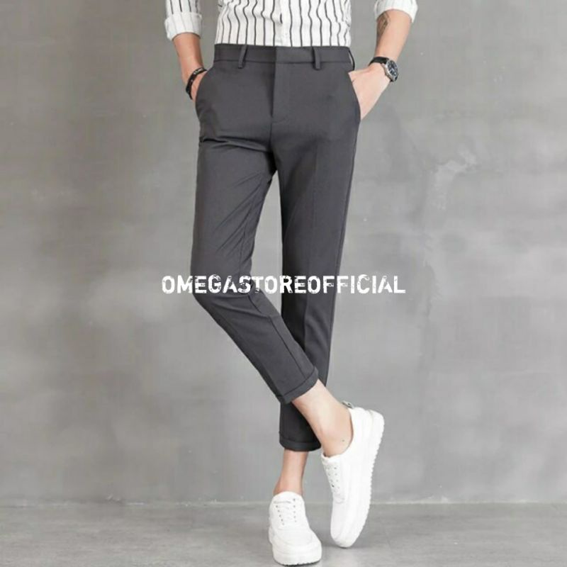 OMEGASTOREOFFICIAL - Celana Ankle Pants Pria (formal, bahan, kantor, kain, kerja) Panjang Slimfit - Abu Tua