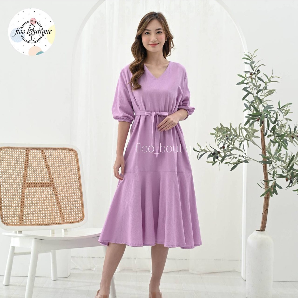 JOANNE DRESS - DRESS LINEN POLOS LENGAN PANJANG KOREA LOOK DRESS V NECK DRESS BELT LEPAS PASANG DRES