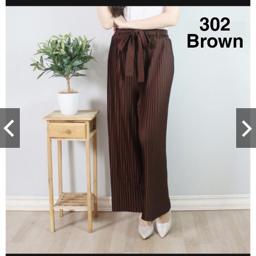 302 KULOT PLISKET PANJANG TALI PINGGANG MODIS FASHION MUSLIM BAWAHAN CELANA POLOS MURAH PLEATEDPANTS-Brown