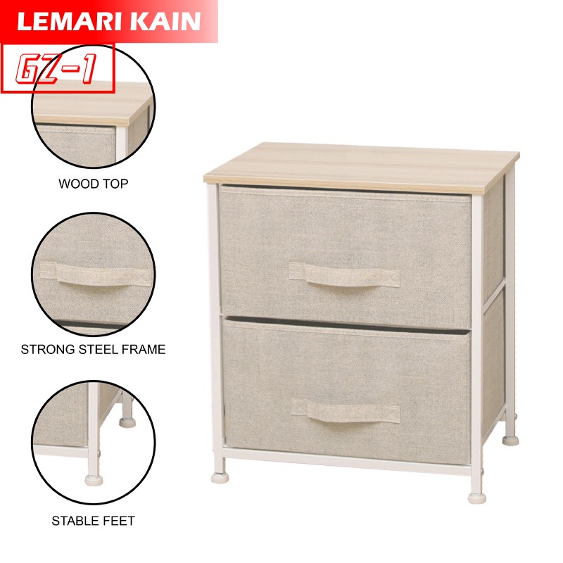 Lemari 2 Laci Kain Rak Lemari Penyimpanan Lemari Sisi Ranjang Lemari Murah GZ-1