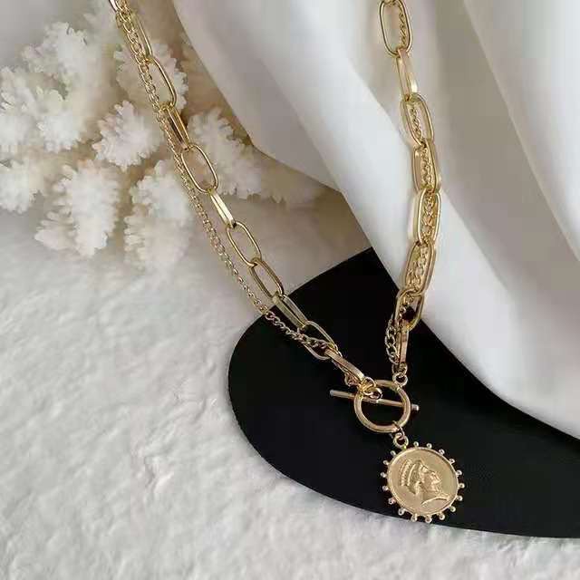 Kalung Choker Wanita Logam Ganda Liontin Koin Ratu Cantik Aksesoris Fashion Korea Dalika