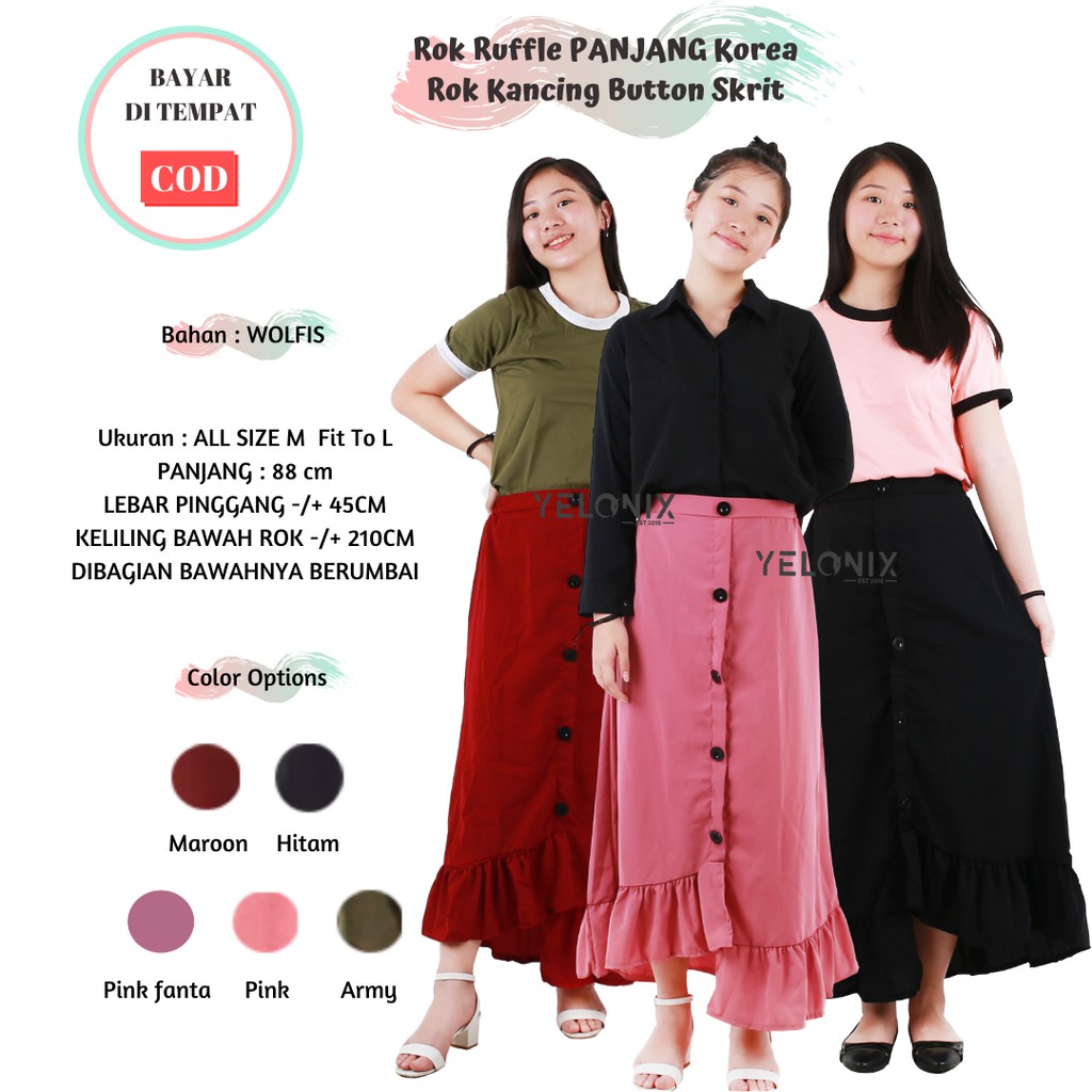 Rok Ruffle PANJANG Rample Korea Rok Kancing Button Skrit Pinggang Karet - YELONIX