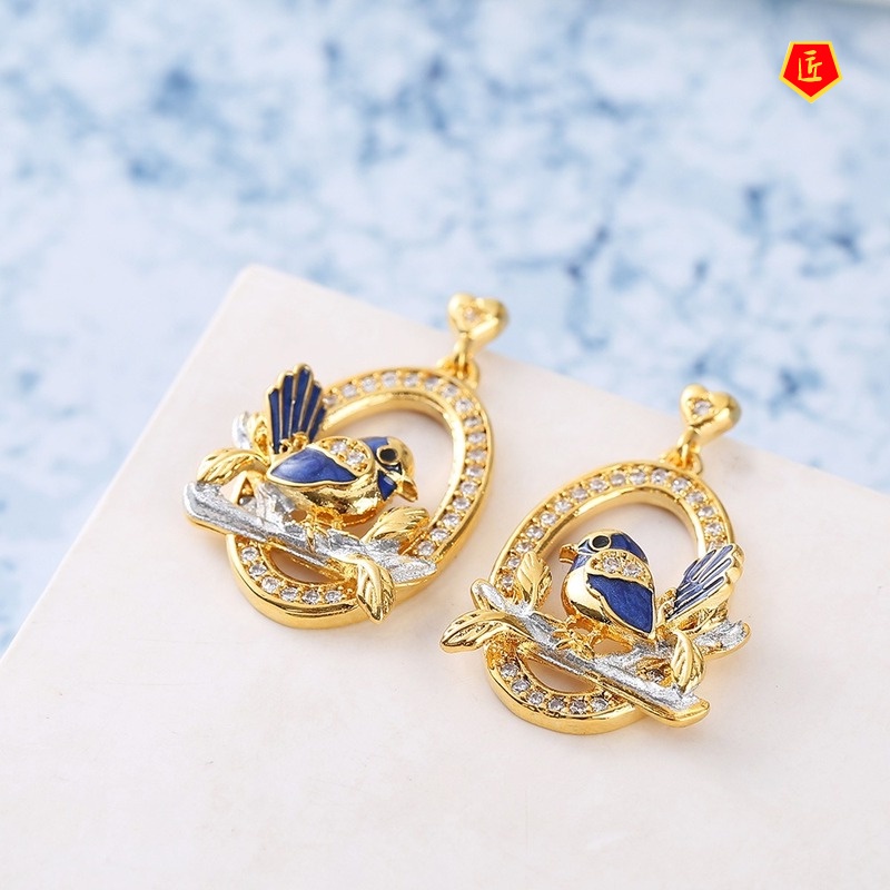 [Ready Stock]Creative Bird Branch Diamond Stud Earrings Two-Tone Elegant