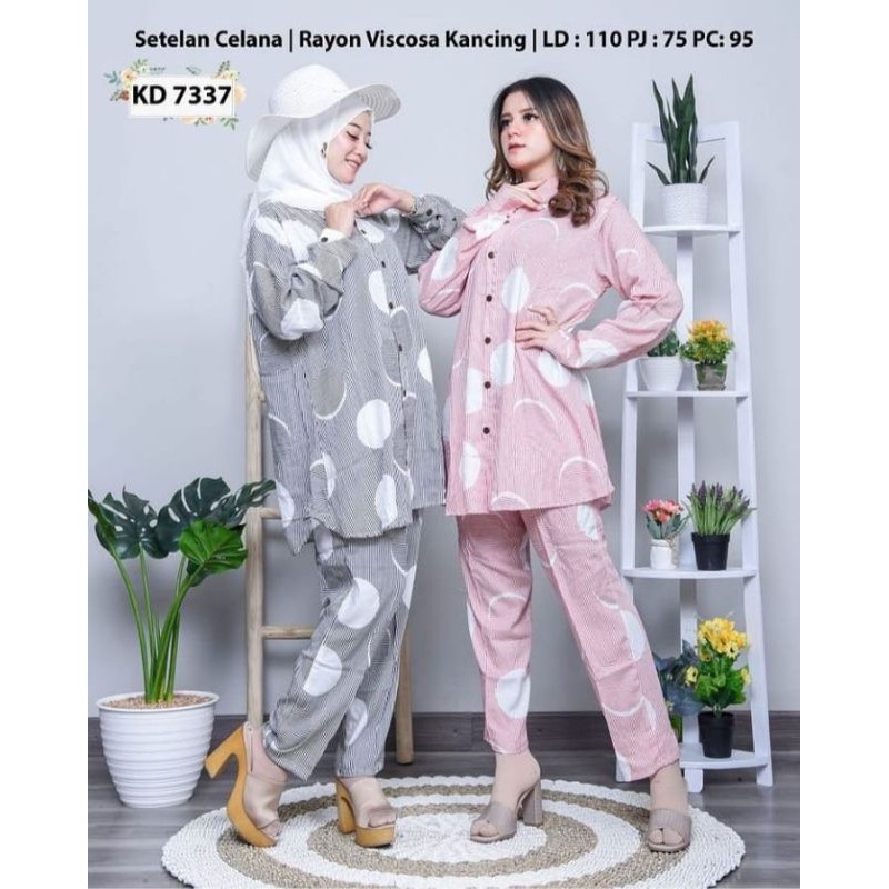 SETELAN CELANA DAN LONG TUNIK MOTIF BUNGA/PAKAIAN WANITA LD 110/SET CEL RAYON MOSCEF BANGKOK