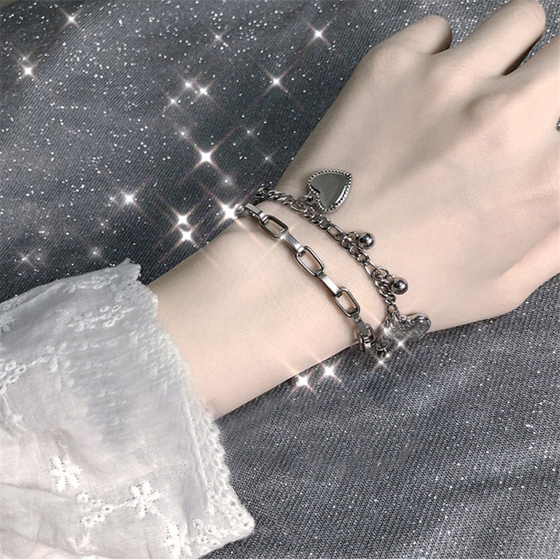 Gelang Bentuk Hati Lapisan Ganda Gaya Punk Hip-hop Untuk Wanita