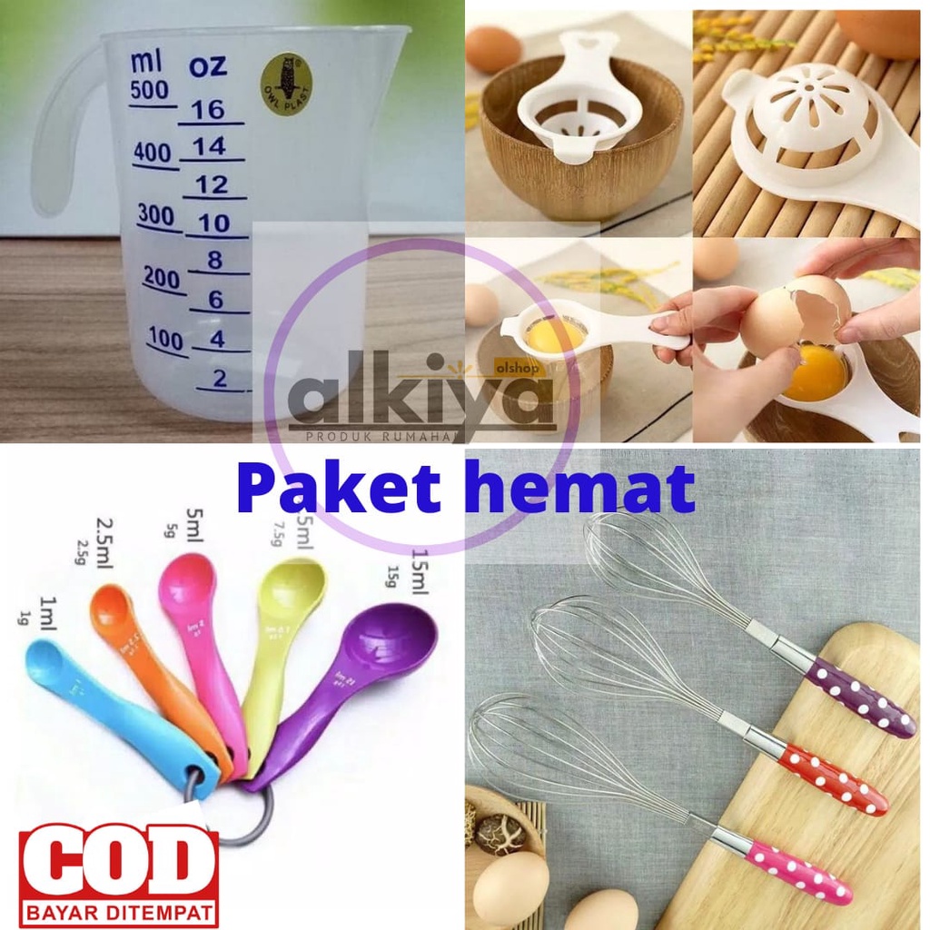 PAKET HEMAT PERALATAN DAPUR PAKET(GELAS TAKAR,SENDOK TAKAR,KOCOKAN POLKADOT,PEMISAH KUNING TELUR)