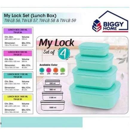 Toples Kotak Serbaguna My Lock Set 4pcs / Lunch Box Set Isi 4 / Tempat Makanan Bekal Rantang Piknik Tebal