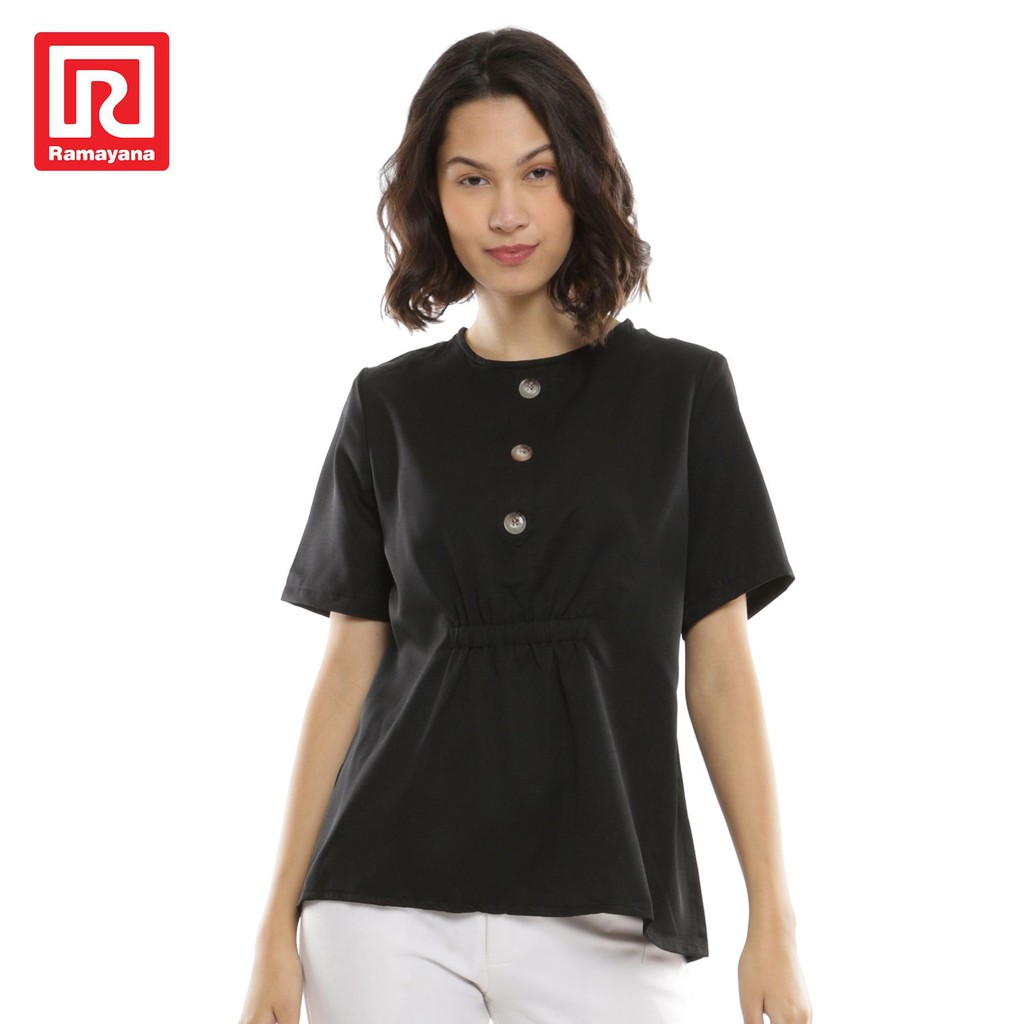 Ramayana - JJ Jeans Blouse Wanita Kancing Kombinasi Kerut S/S B042028 Biru M-hitam