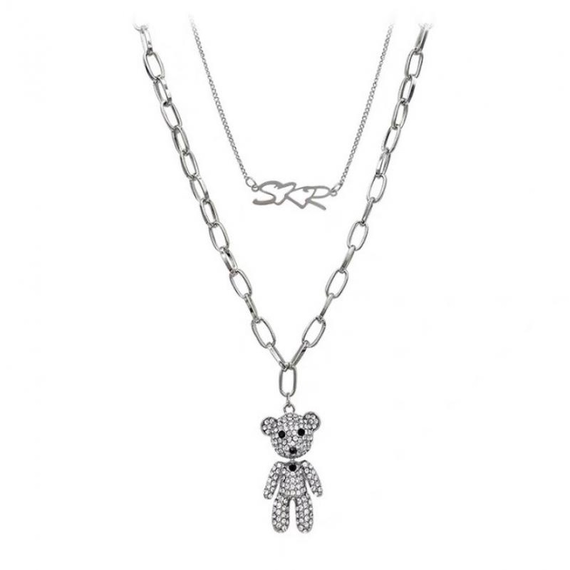 Kalung Rantai Panjang Dengan Liontin Beruang Ganda Aksen Berlian Imitasi