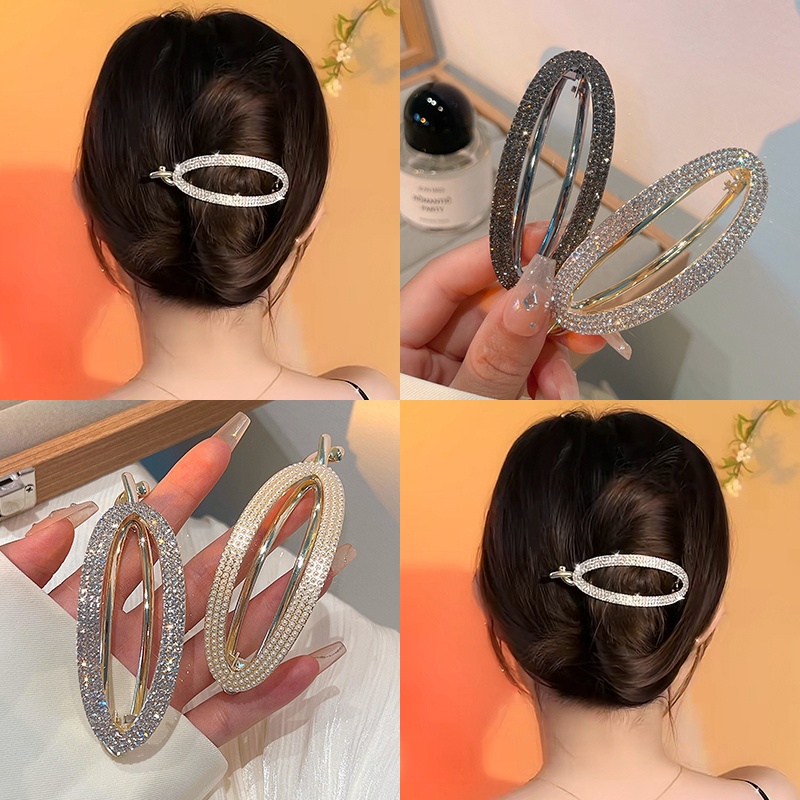 Jepit Rambut Bentuk Oval Bahan Metal Aksen Berlian Imitasi Untuk Wanita