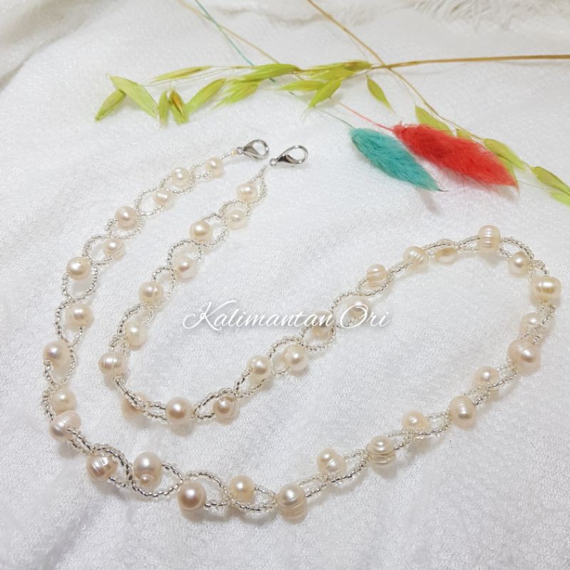 Strap Konektor Masker Hijab  Mutiara Air Tawar Asli / Kalung Mutiara