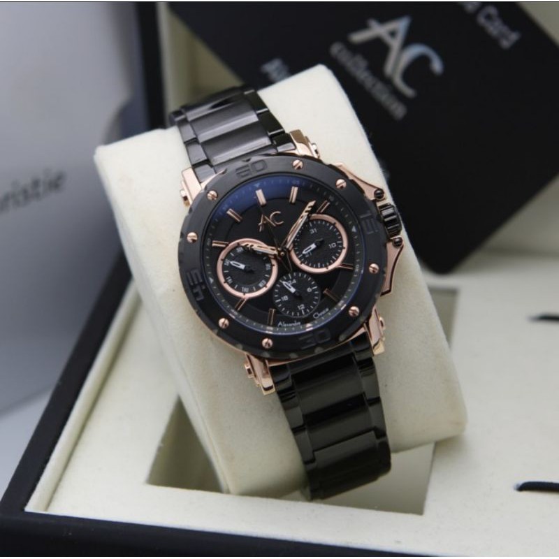 Jam Cewek Alexandre Christie AC9205 Original Hitam Rosegold Rantai