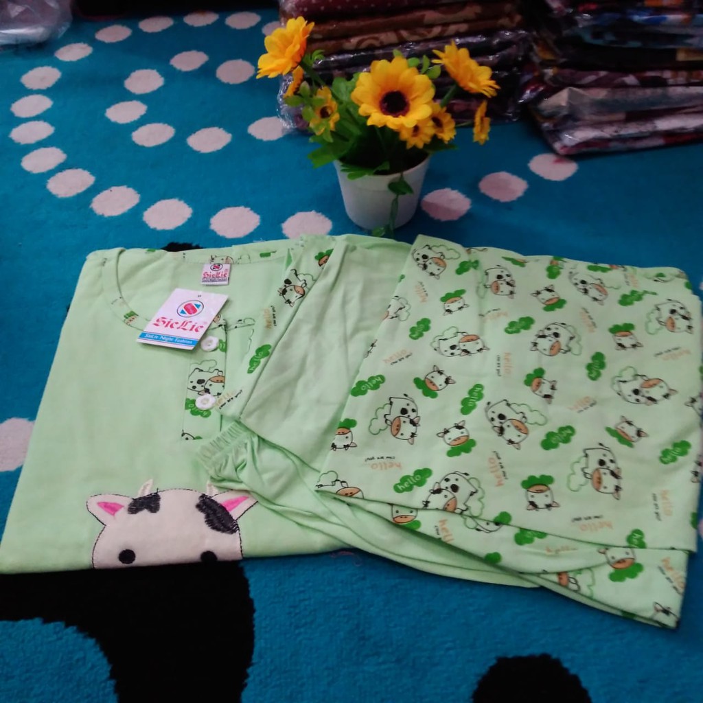 Termurah 3in1 Sie Lie Setelan Baju Tidur Wanita Dewasa Piyama Daily Set Bahan Kaos Tebal Allsize-Hijau