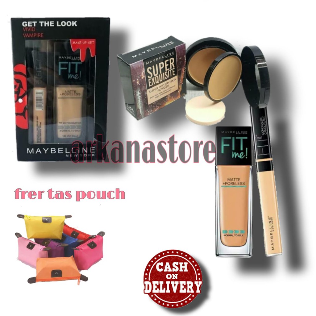 Paket Makeup Maybeliin Fit Me 2in1 Foundation+Concealer Dan Bedak Maybeliin-Free tas pouch