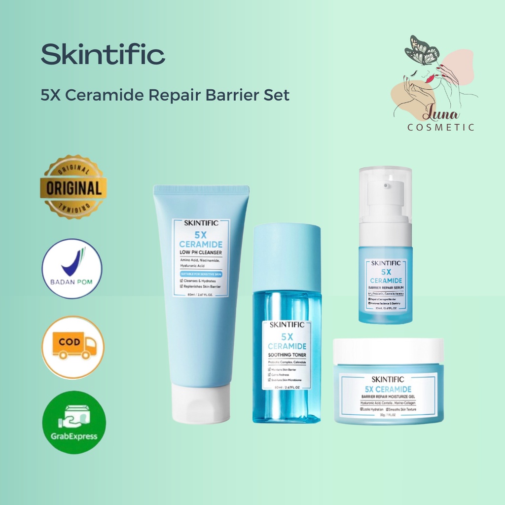 SKINTIFIC Face &amp; Skincare Repair Barrier Set 5X Ceramide Low pH Cleanser Gentle Cleanser 80Ml &amp; 5X Ceramide Barrier Repair Moisturize Gel Moisturizer 30G &amp; 5X Ceramide Soothing Toner &amp;  5x ceramider repair serum