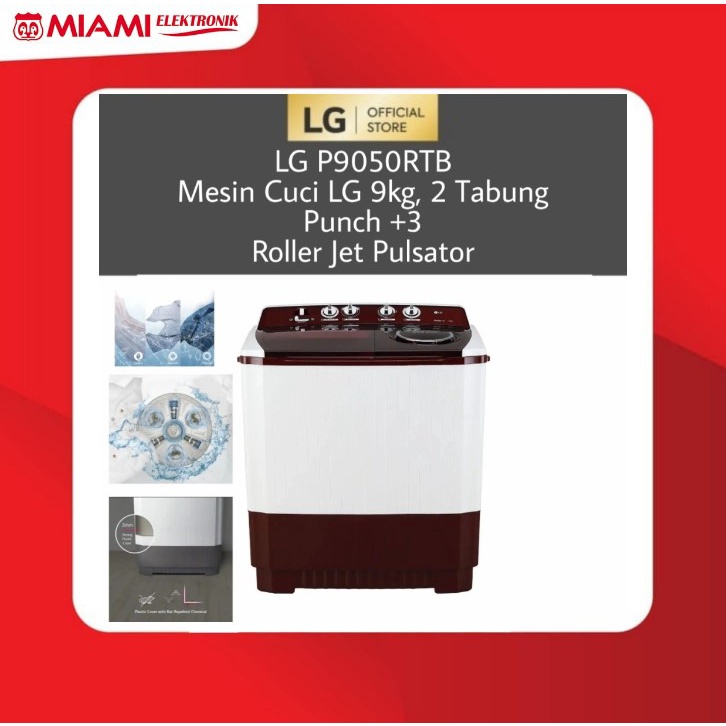 LG P9050RTB / P9050R / P9050 Mesin Cuci LG 9kg, 2 Tabung Punch +3 - Roller Jet Pulsator