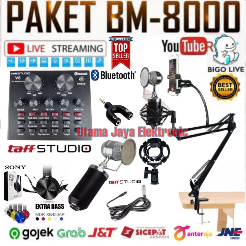 Paket Komplit  Mic BM8000 Soundcard Mixer V8 Stand Mic Rekaman Mikrofon Kondenser Terbaik