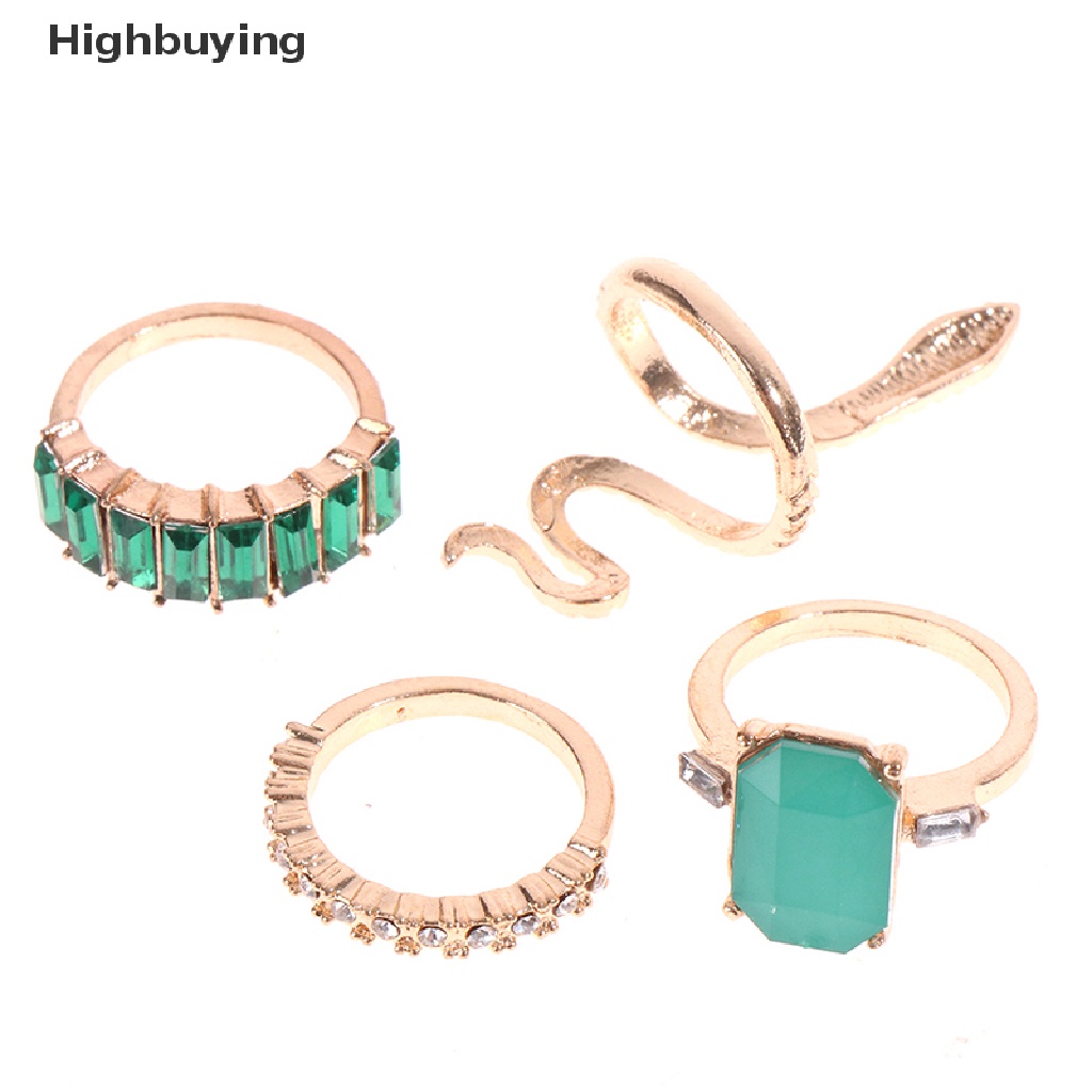 Hbid 6pcs / set Cincin Metal Vintage Adjustable Desain Ular Hias Kristal Berlian Imitasi Hijau Untuk Wanita