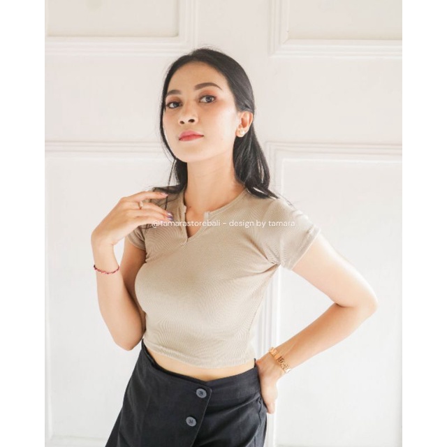 TOP RIB WANITA VENNA ATASAN CROP SABRINA BLOUSE KOREA TANGAN PANJANG