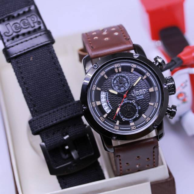 New Jam Tangan Pria Jeep Crono Aktif Tali Kulit Coklat Tua Free Tali Canvas