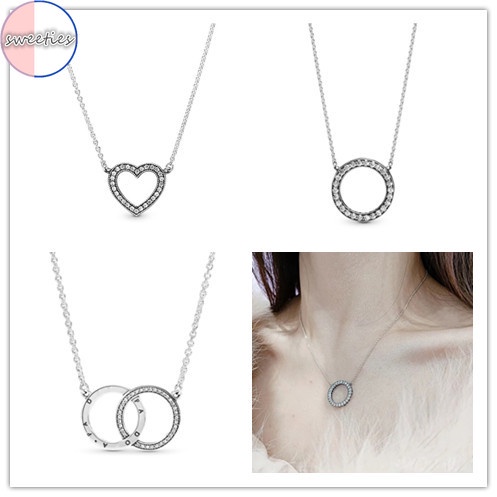Kalung Rantai Klavikula Liontin Hati Lingkaran Berlian Imitasi Bahan 925 Silver Untuk Wanita