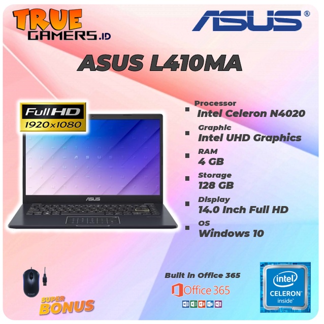 Asus L510MA & L410MA/N4020/W10+OFF365 1YR/15.6FHD & 14.0 FHD/4GB-128ssd(NUMPAD)-14 Inch HITAM (128)