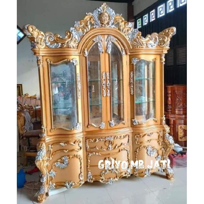 lemari hias pajangan kaca cermin/lemari pajangan jati ukir jepara super mewah