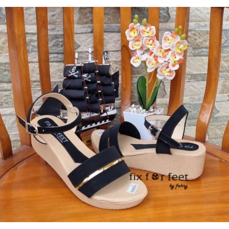 fahrie shoes sendal wanita wedges tali Lis gold fh-51