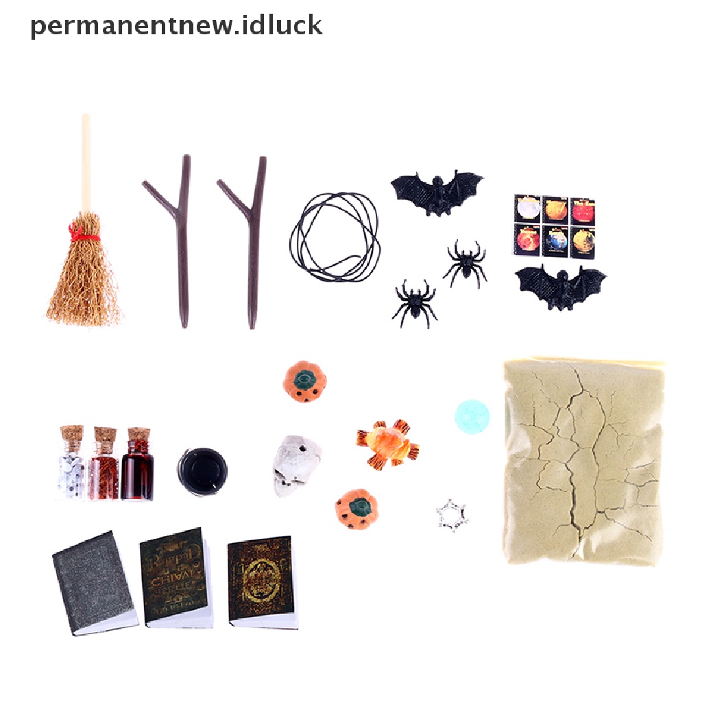 Luckypermanent 1 Set Mainan Miniatur Sapu + Laba-Laba + Kelelawar Skala 1: 12 Untuk Dekorasi Rumah Boneka