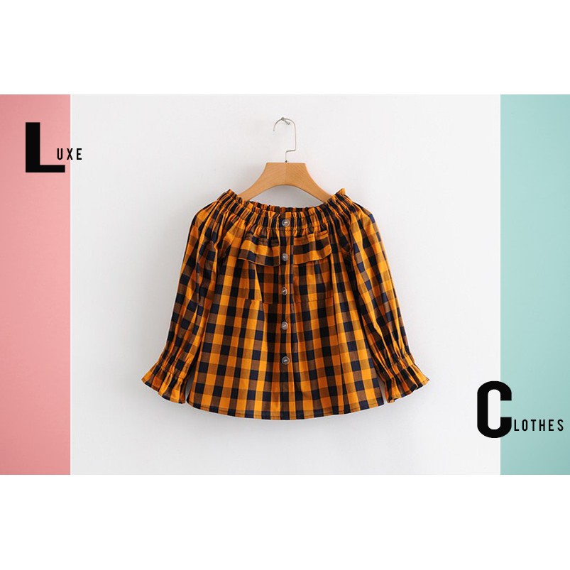 Baju Impor ala Korea- Crop top- Yellow Plaid Off Shoulder Top