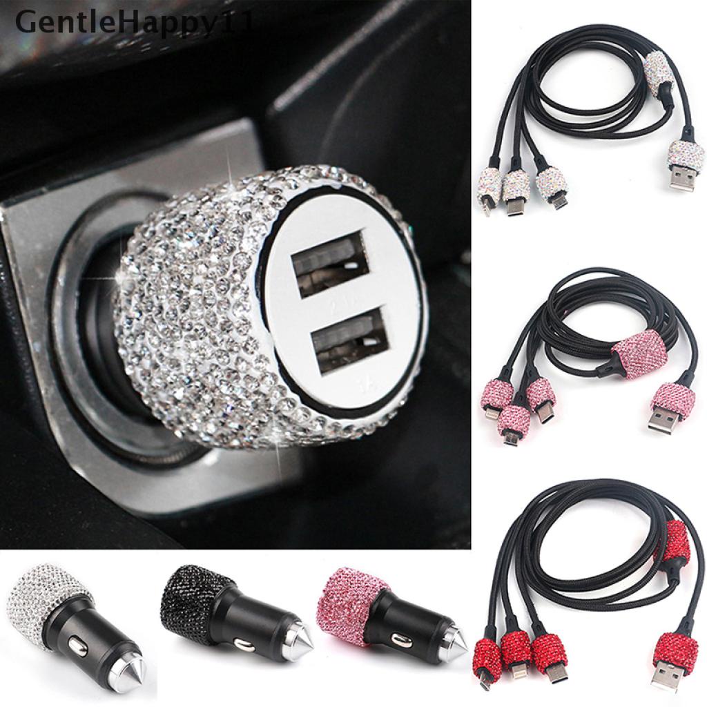 Gentlehappy Kabel Charger Dual Port USB Aksen Berlian Imitasi Bling Untuk Mobil