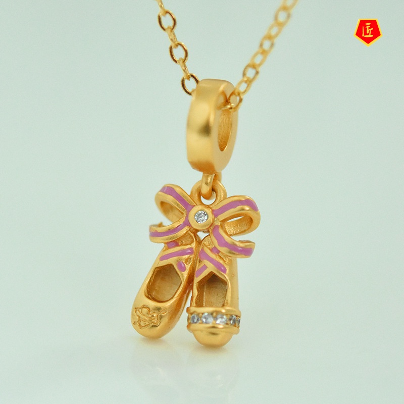 [Ready Stock]Fashion Creative Ballet Shoes Jeweled Pendant Pink Bow Gold Necklace Lucky Beads