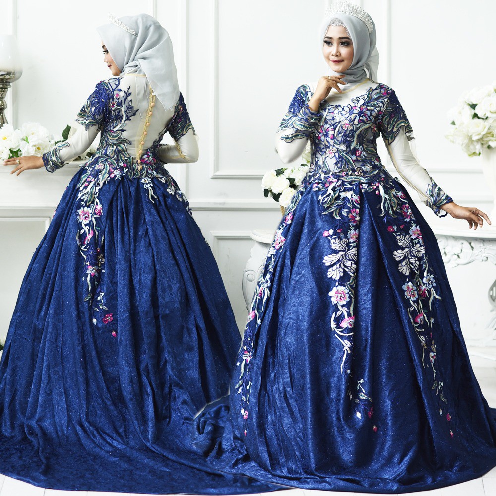  GAUN  BELIMBING NAVY KEBAYA PENGANTIN MODERN JAGUARD GAUN  