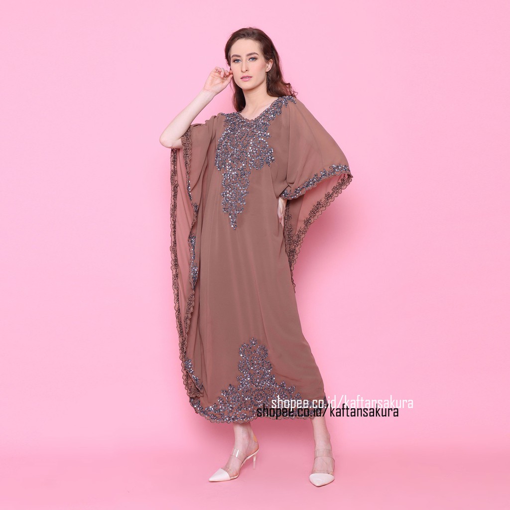 kaftan maxi wanita muslim jumbo terbaru payet full mewah warna cokelat bahan siffon untuk lebaran 2023