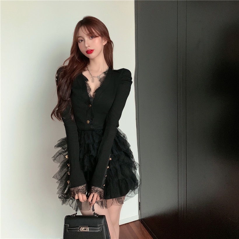 Hepburn gaya gaun kerah v hitam wanita renda tepi pinggang gaun kue jala
