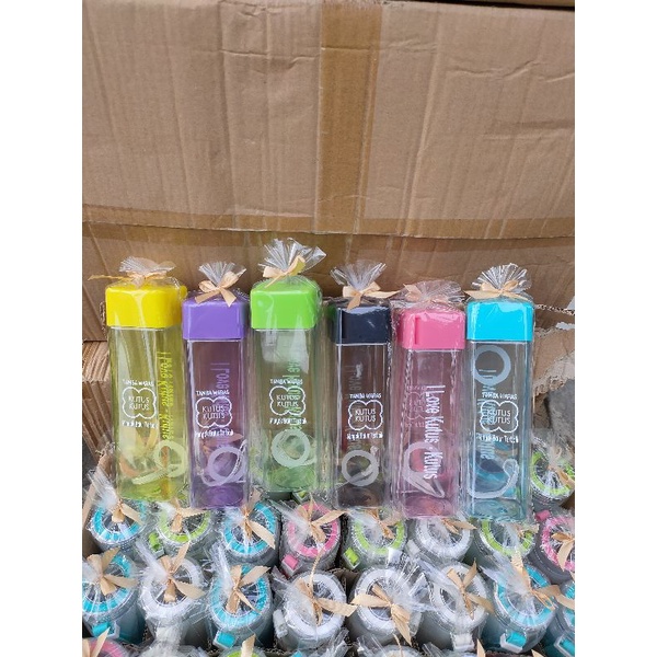 Souvenir my bottle plastik kotak + custom sablon + kemas plastik