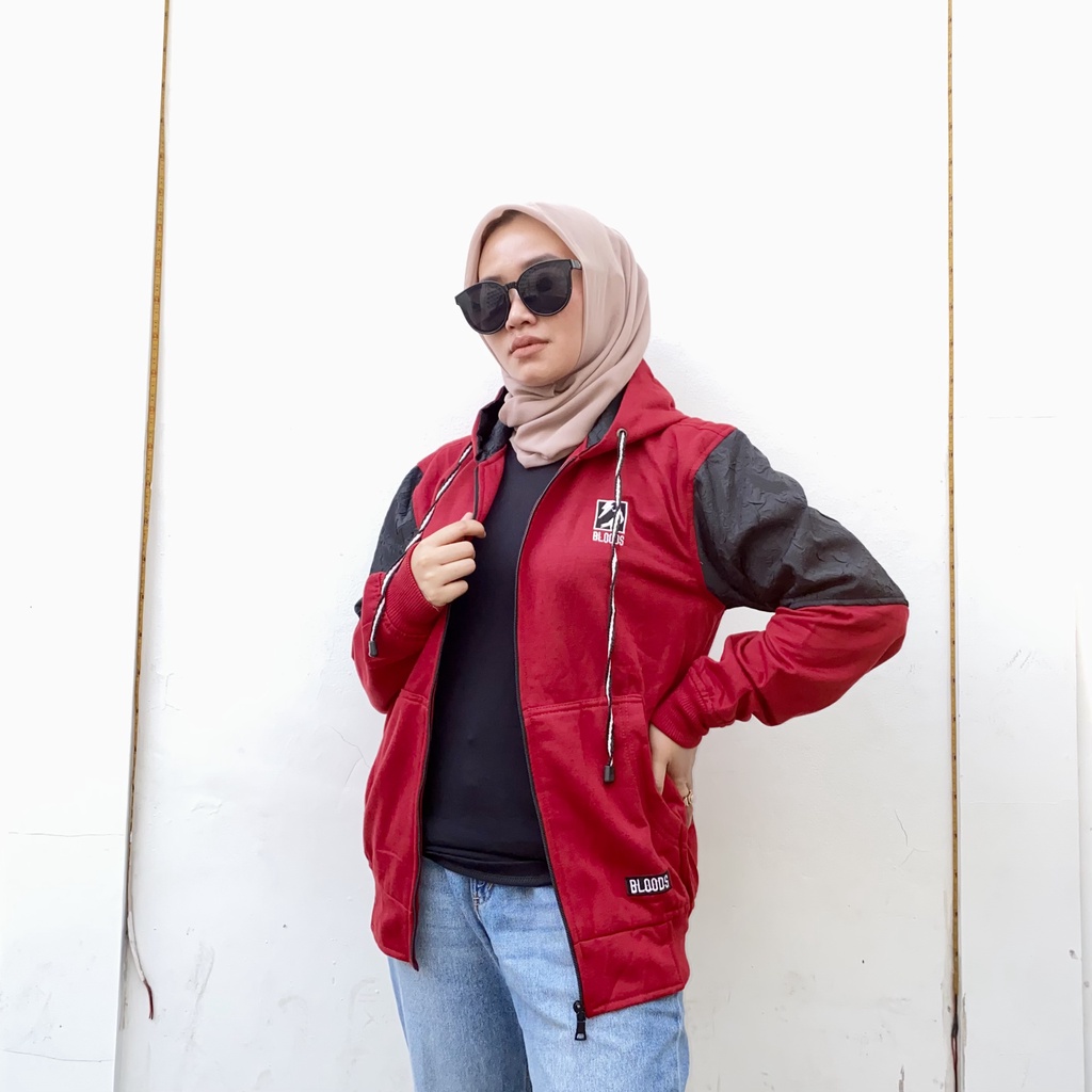 Jaket Sweater Zipper Bordir Kombinasi Qwilting MAROON BLDS