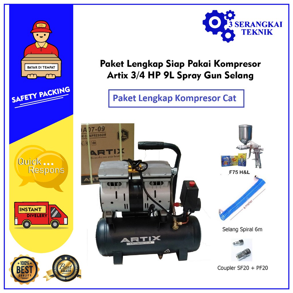 Paket Lengkap Siap Pakai Kompresor Artix 3/4 HP 9L Spray Gun Selang