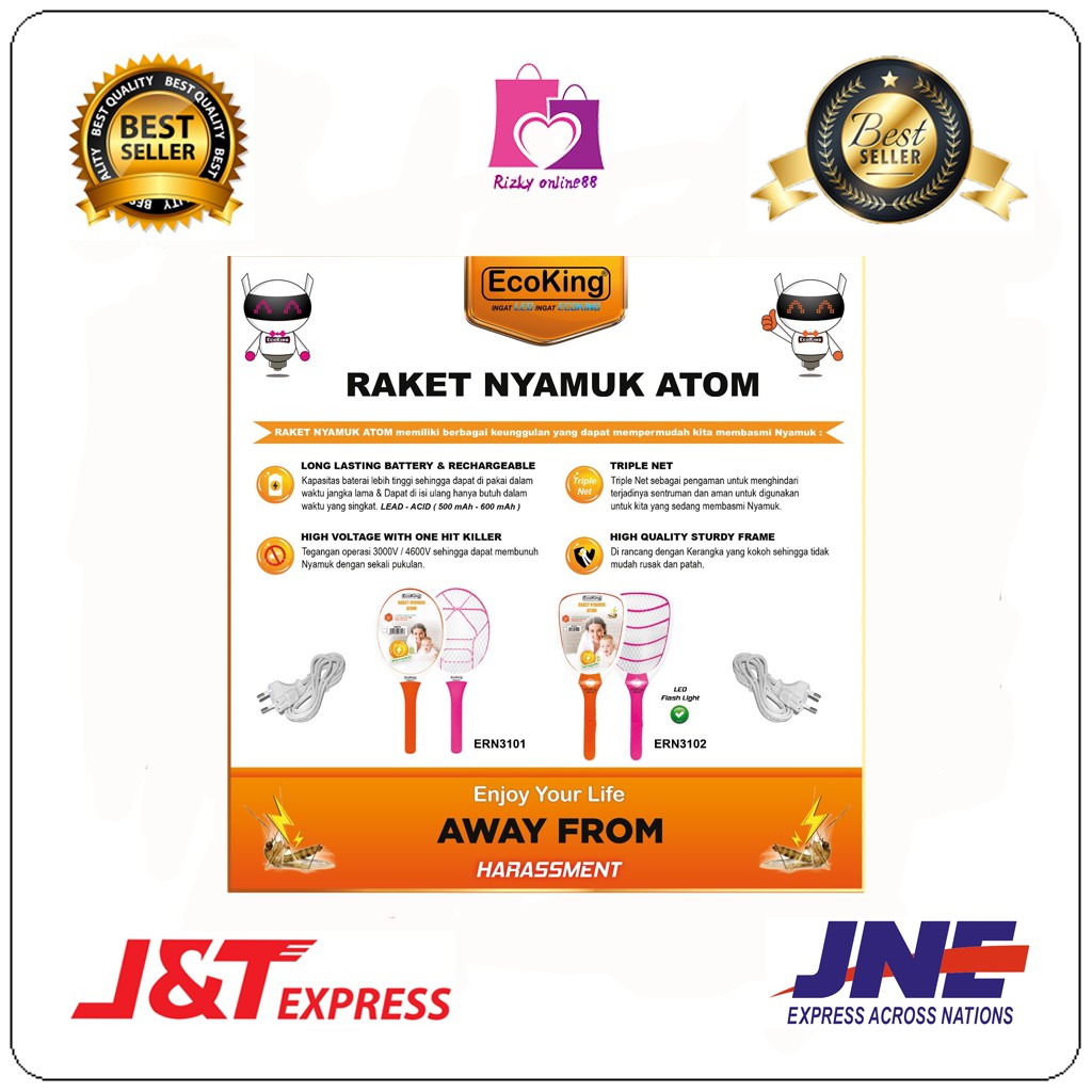 Rizkyonline88 raket nyamuk led rechargable / alat listrik pembasmi serangga nyamuk