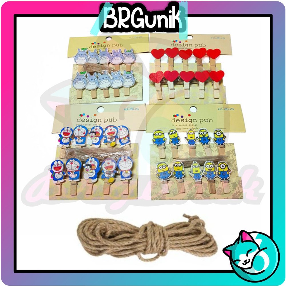 BRGUNIK 10pcs Wooden Clip/Jepit Kayu Karakter /Jepitan Foto Karakter Free TALI rami 1.5m R070