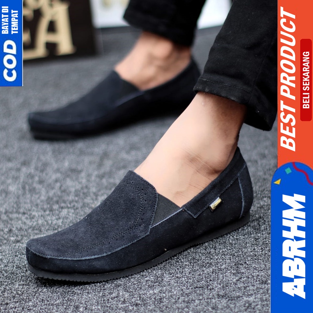 Sepatu Slip On Kulit Asli Kerja Santai Casual Hitam Pria Abrhm Jester