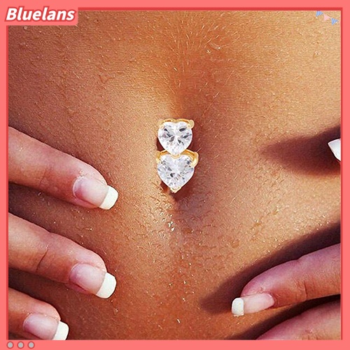 Bluelans Reverse Crystal Zircon Bar Belly Ring Gold Body Piercing Button Navel Two Hearts