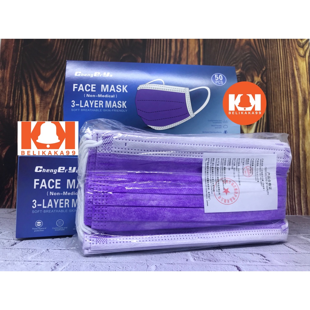 DISPOSABLE FACE MASK ISI 50 PCS WARNA HITAM, BIRU, HIJAU, UNGU 3 PLY EARLOOP EDITION