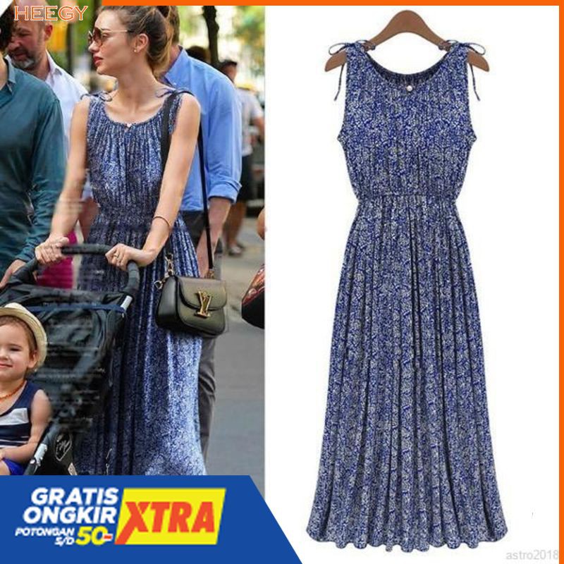 Maxi Dress Panjang Klasik Boho Tanpa Lengan Motif Bunga Pantai Gaya Wanita Korea