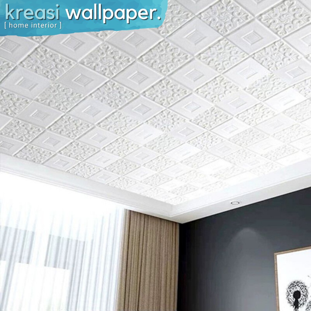 Wallpaper Dinding 3D Foam Sticker Panel Bunga Diamond Putih Minimalis Timbul | Wall Panel 3D-Batik Putih 3MM