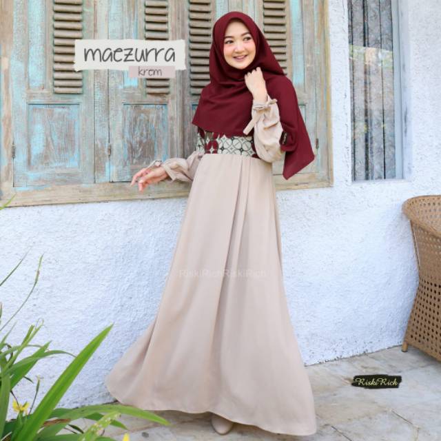 Gamis polos ity crepe kombinasi motif batik kawung katun doby/ gamis maezurra by riskirich murah