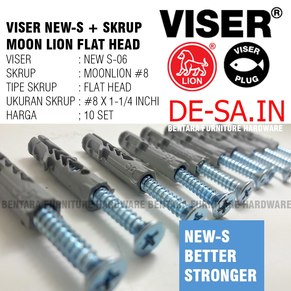 10 x Viser New-S6 + Screw Flat Head Moon Lion #8 x 1-1/4&quot; - Skrup Angkur Dinding Tembok Beton Bata