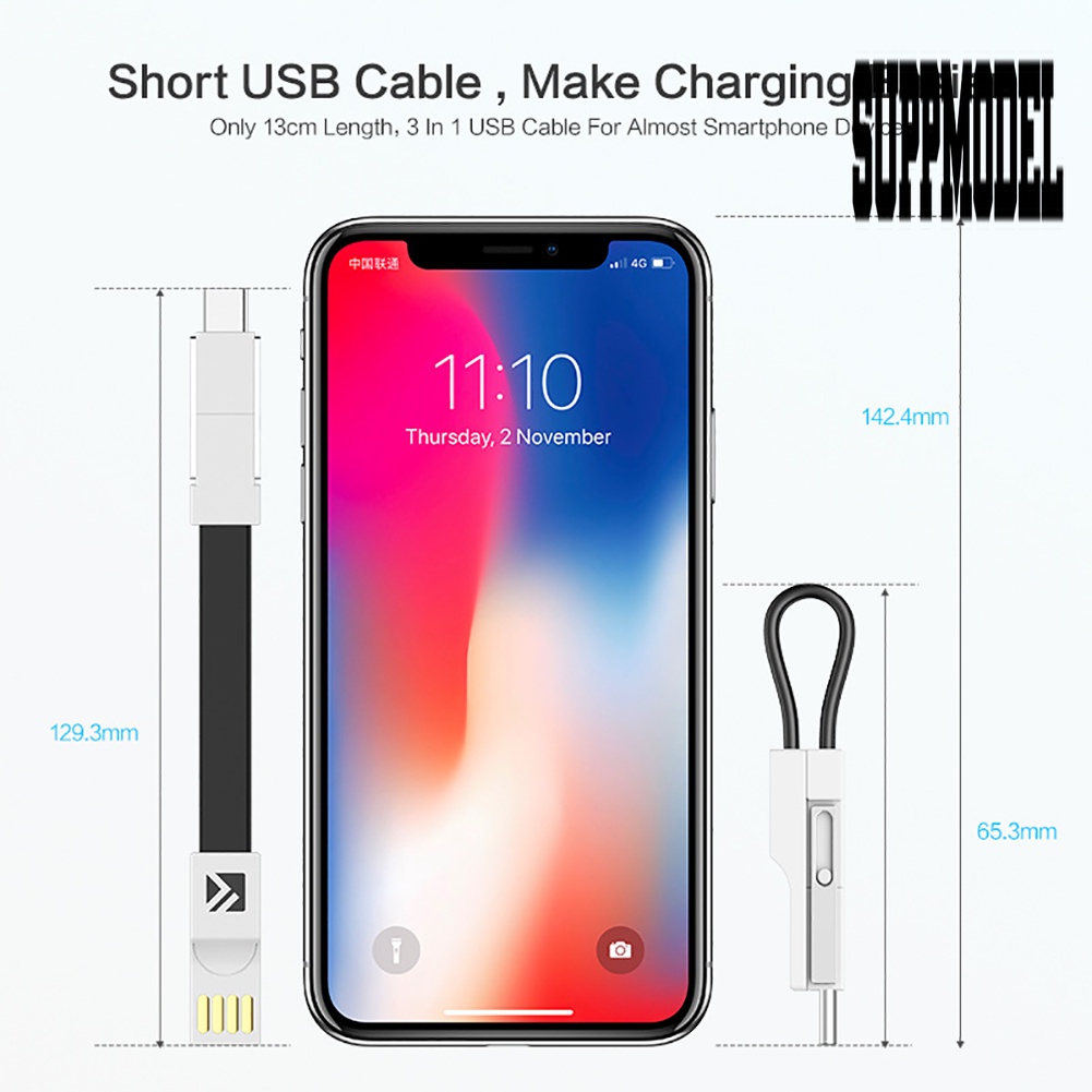 &lt; Suppmodel Floveme Gantungan Kunci 3 in 1 Kabel Data / Charger Micro USB / Tipe C 2A Untuk Android / iOS