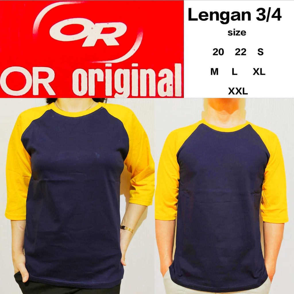 kaos polos reglan biru navy/dongker lengan kuning 3/4 20 22 S M L XL XXL