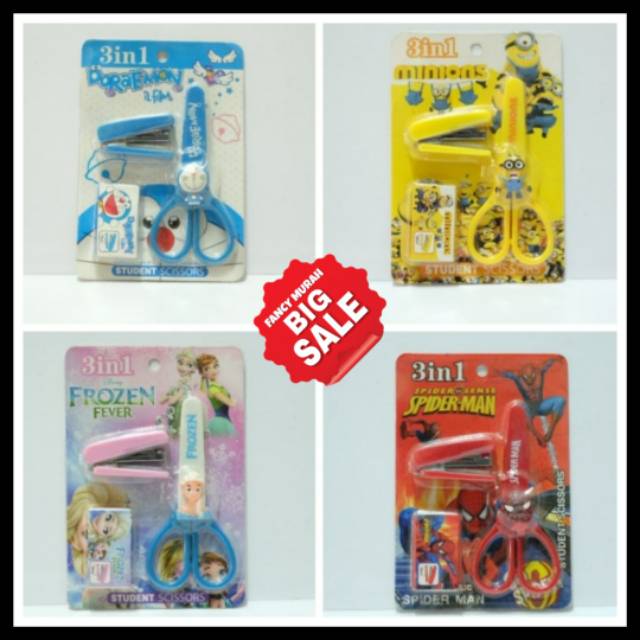 (SALE) GUNTING SET KARAKTER + STAPLES + ISI STAPLES MINION SPIDERMAN FROZEN DORAEMON
